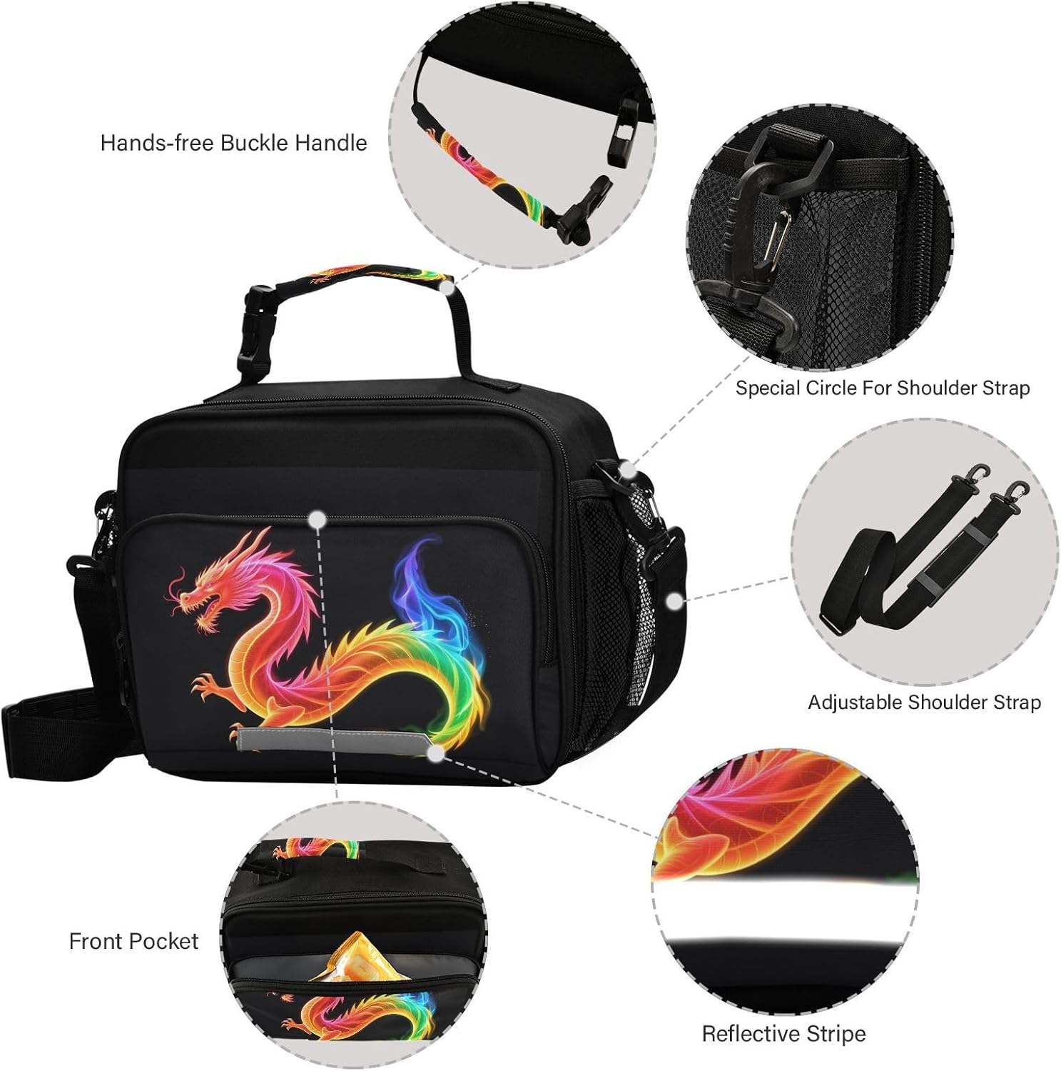 Kcldeci Rainbow Dragon Insulated Lunch Bag for Women/Men Monster Reusable Lunch Box for Office Work School Picnic Beach - Leakproof Cooler Tote Bag Freezable Lunch Bag - Image 4