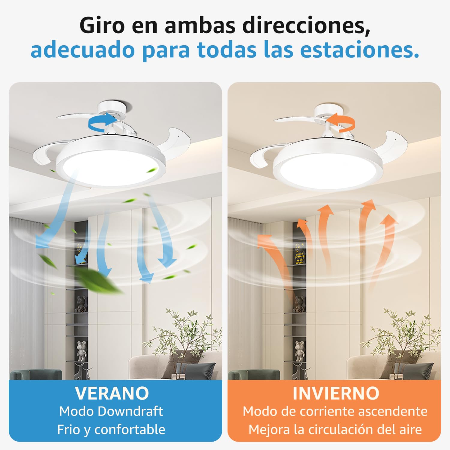 Aigostar Ventilador de Techo LED de 50W 5300LM, Aspas Retráctiles, CCT 2700K-6500K y Brillo Ajustable, con Control Remoto y Función Verano e Invierno(Blanco)