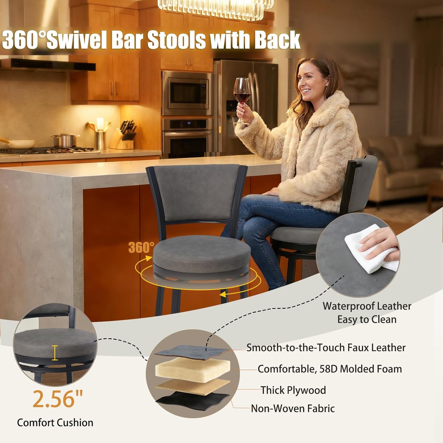 Counter Height Bar Stools Set of 2, 25 Inch Metal Swivel Barstools with Backrest, Modern Faux Leather Upholstered Bar Chairs, Counter Height Stools for Kitchen Island, Grey