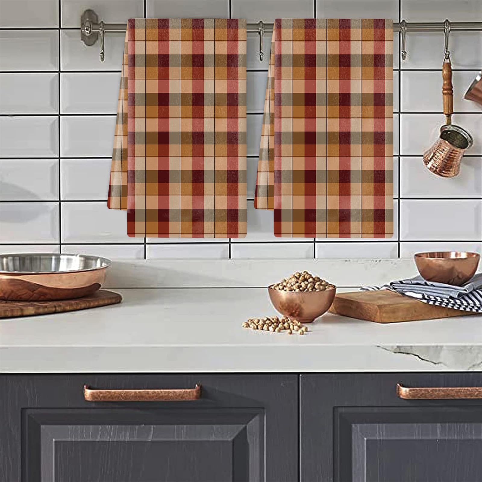 Trapos Cocina Cuadrícula Naranja Marrón Paños de Cocina Suaves y Absorbentes Paños Cocina Reutilizables Trapos de Cocina para Secar Toallas Lavable Toallas de Barra 2 Piezas (44x74 cm)