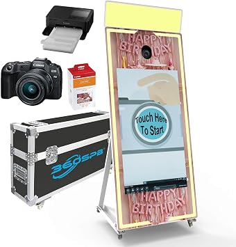 65 Magic Mirror Photo Booth, Camera+Printer+108Paper, 43 Touch Screen, i5 8+256G WindowsOS, DSLR Photo Booth, Flight Case, App Control & Remote Control WRGB Light for Wedding Party Events