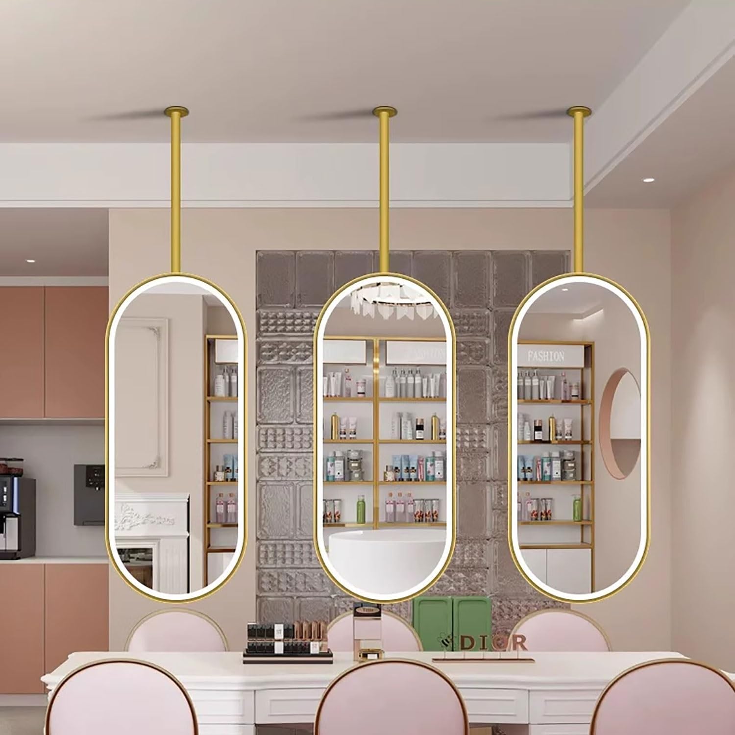 Black Metal Pole Ceiling Suspended LED Mirror Ceiling Mounted Suspended Corridor Bathroom Mirror Easy to Install for Living Room Entrance Hall(Gold,50 * 80cm/20 * 32in)