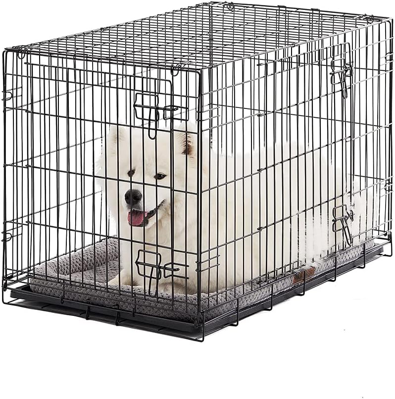 36" DoubleDoor Folding Metal Wire Dog Crate with Divider and Tray, Large, Black