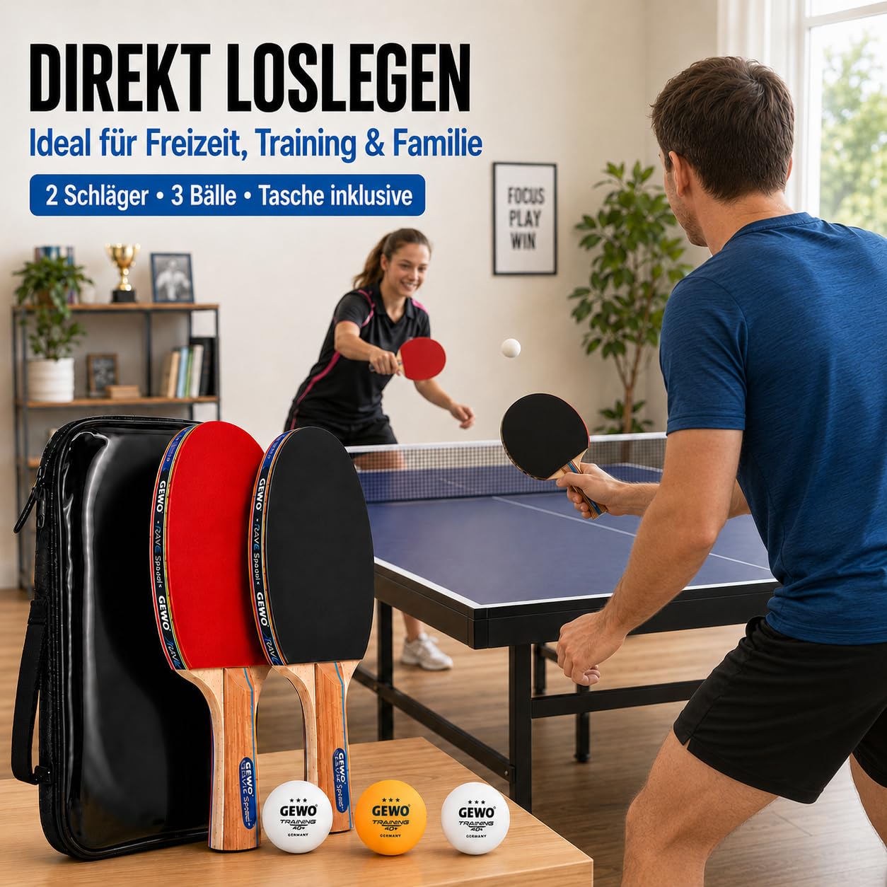 GEWO Rave Speed Tischtennisschläger Set - Kontrollierter Anfänger-Tischtennisschläger mit 3 Bällen - Komplettschläger mit ITTF-Belag, hohe Kontrolle und Geschwindigkeit, konkav, 2mm Dicker Schwamm