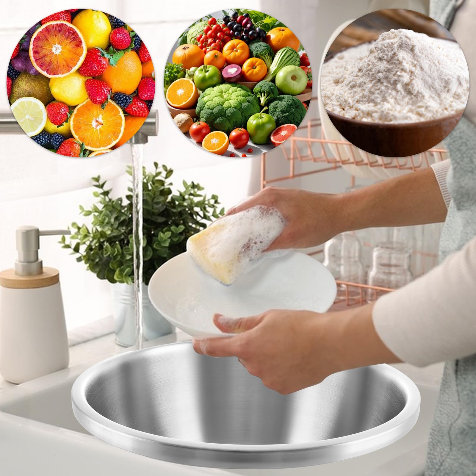 ASelected Lavabo, lavabo circular de acero inoxidable 304, para cocina, cuenco para mezclar, sin plástico, 34 x 13 cm