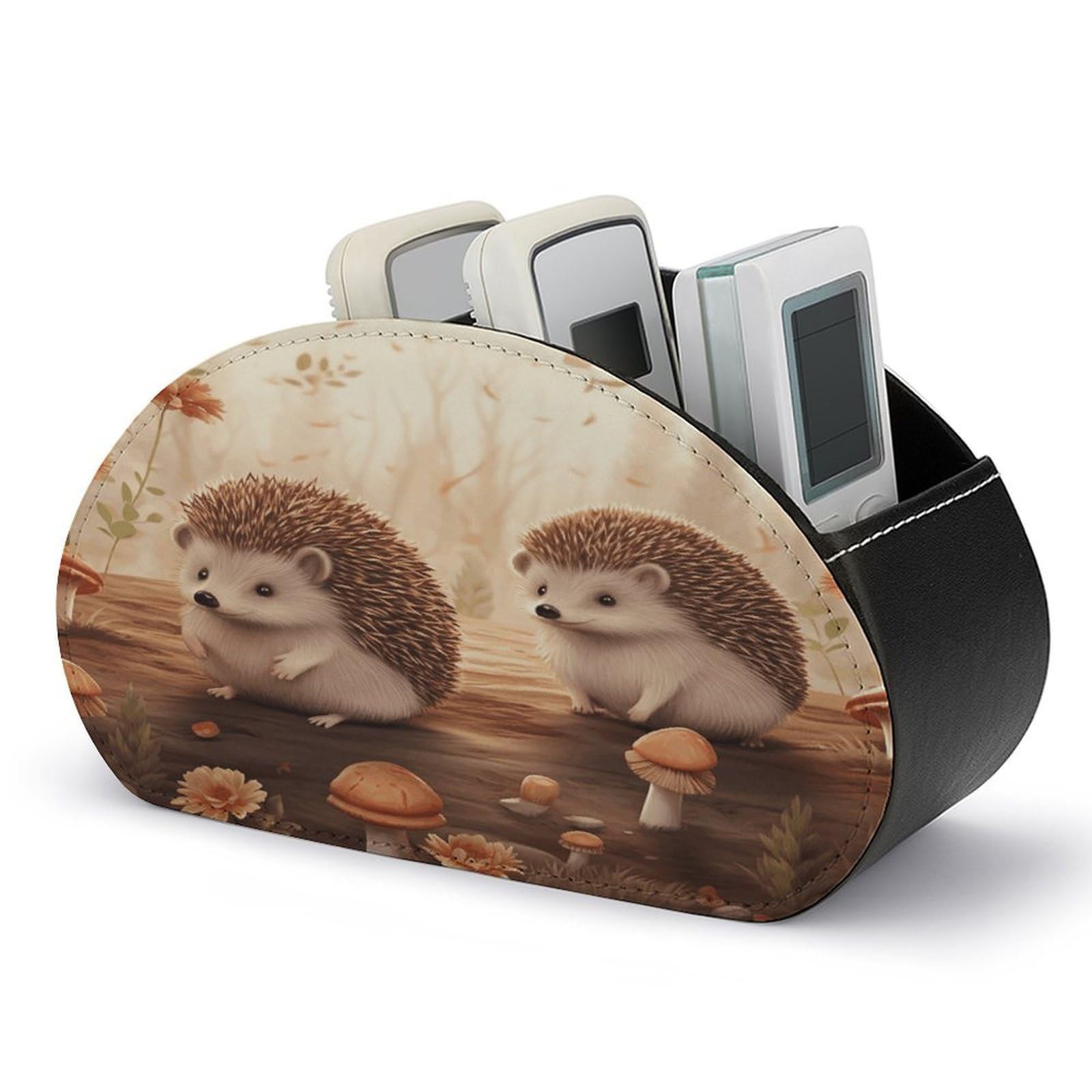 VstaDank Nature Lovely Hedgehog Lovers Remote Control Holder with 5 Compartments PU Leather Remote Caddy Desktop Organizer Store TV Remote Control Storage Box for Home Office Desk Nightstand