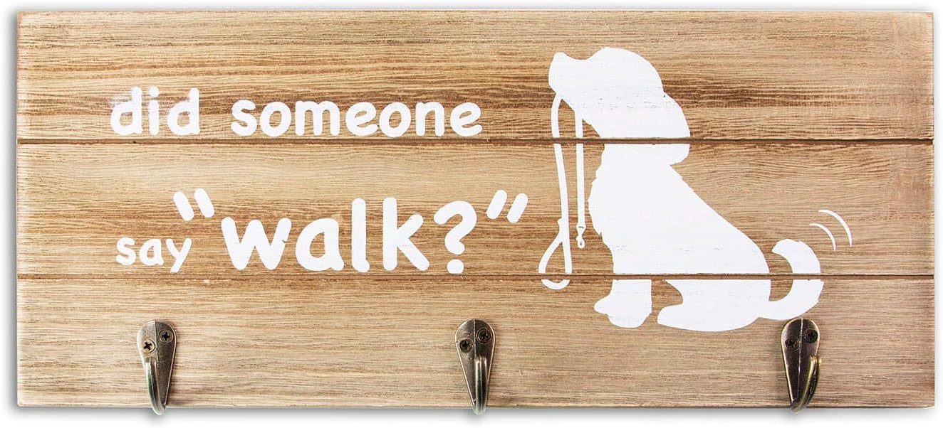 Dog Mom Gifts Leash Holder Home Sign - Farmhouse Wall Decor with Hooks - Funny Dog Lover Gifts for Women Man - 12.6x5.5 Inches