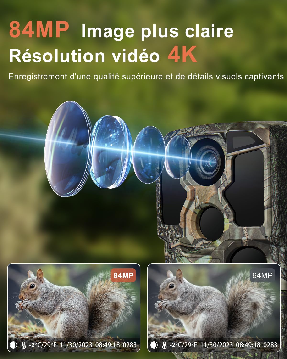 KJK Kamera do obserwacji dzikich zwierząt WLAN 4K 84 MP z kartą pamięci 64 GB, kamera do dzikich zwierząt z noktowizorem, 0,05 s, aktywowany ruchem, IP67, szeroki kąt widzenia 100 m, 130°, 42 diody