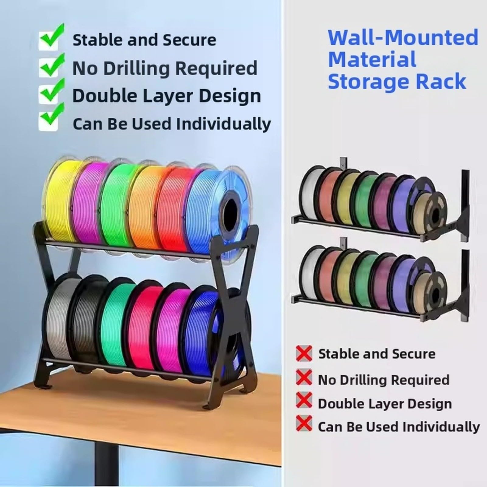 X-Form Doppelschicht Filamenthalter für 3D Drucker – Robuster Kohlenstoffstahl für ständer für 12 Rollen 1kg Spulen, Platzsparendes Desktop Organizer Rack mit Rutschfesten Füßen, Schwarz