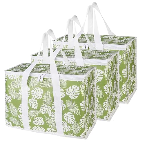 Bodaon Paquete de 3 bolsas de compras reutilizables aisladas, bolsa enfriadora de picnic XL con cremallera superior fría, hojas verdes