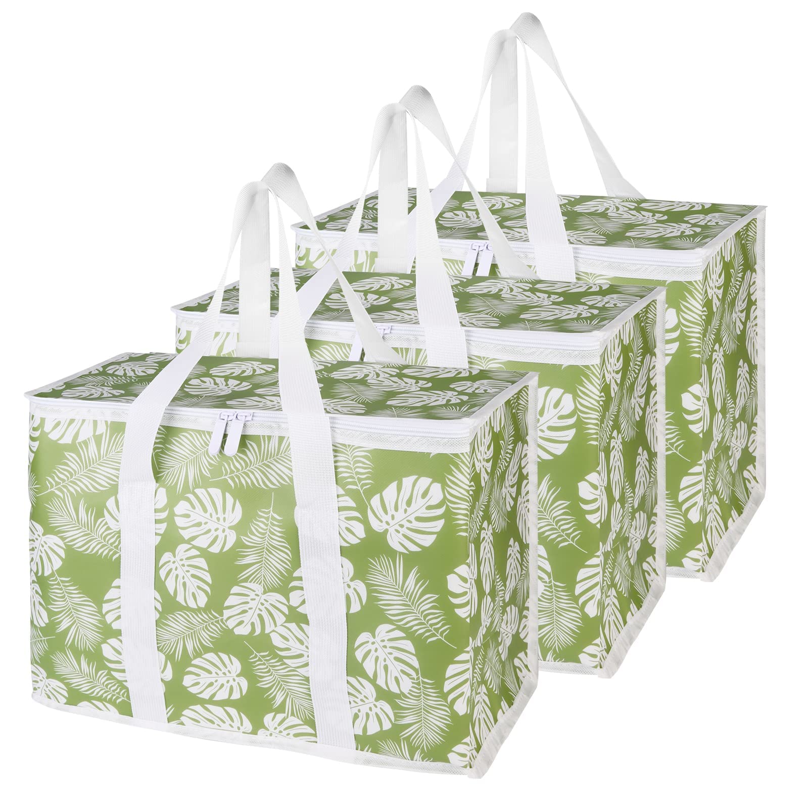 Bodaon 3-Pack Insulated Reusable Grocery Shopping Bags, X-Large Picnic Cooler Bag with Secure Top Cold, Green-Leaf