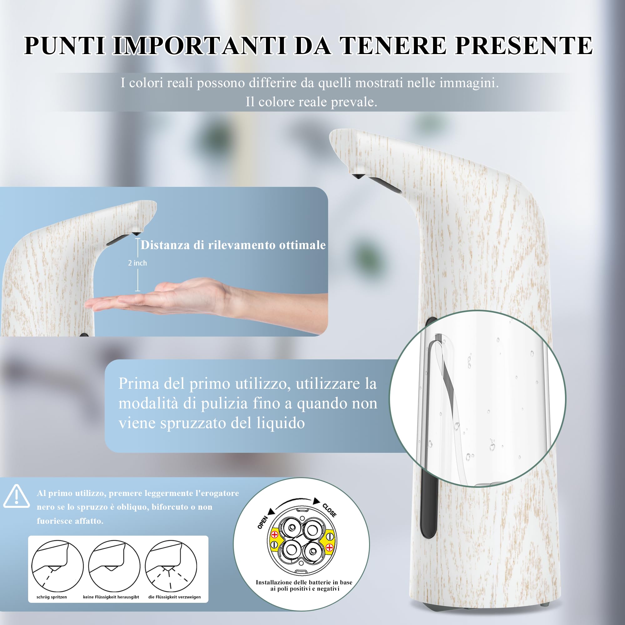 Dispenser automatico di sapone da 400 ml, a batteria, senza contatto, elettrico, con sensore, 4 livelli regolabili, no-touch, per bagno e cucina (Grano di legno bianco)