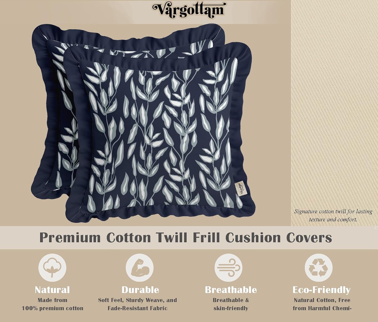 Farmhouse Style Frill Pillow Covers 16x16 Cotton Cushion Covers Set of 2, Leaves Pattern, Double Side Printed, Zipper Closure