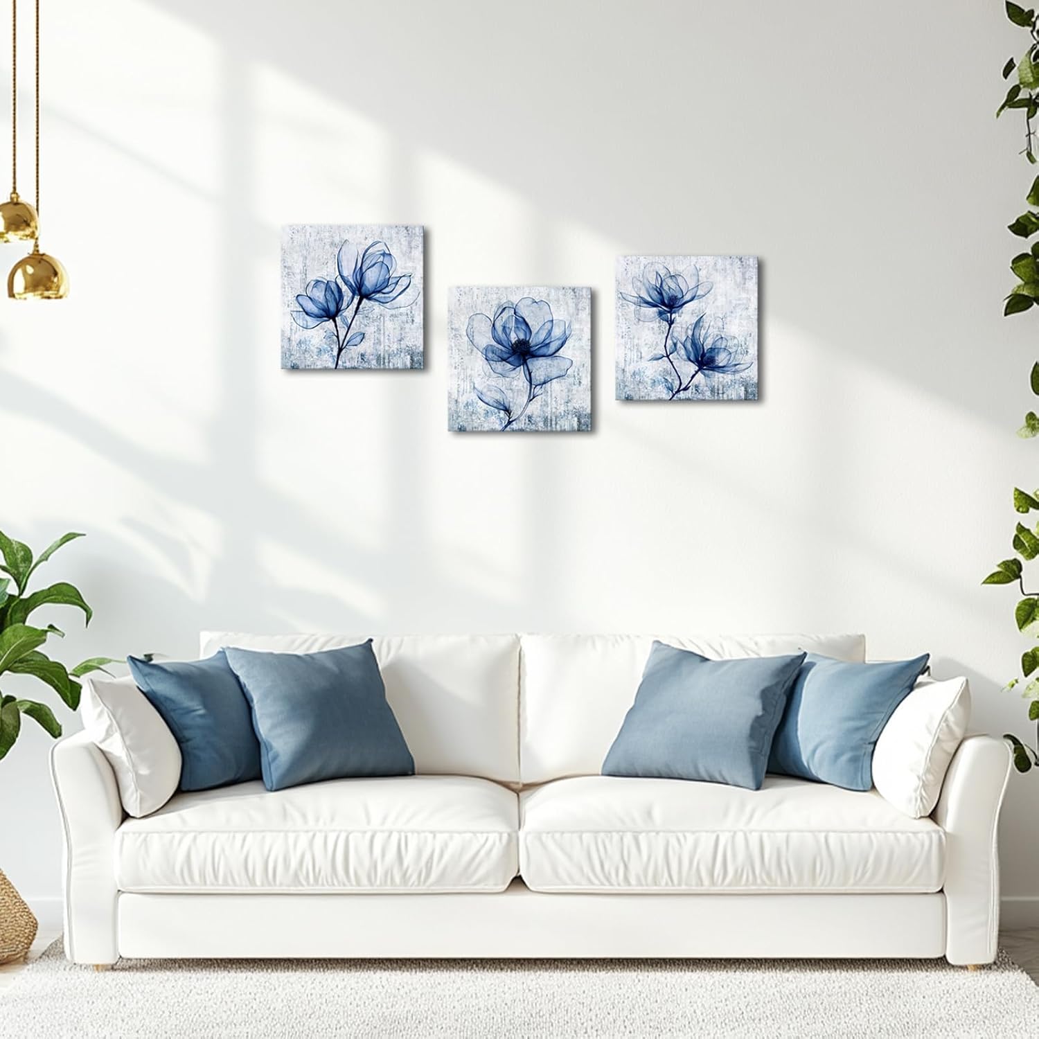 VANSEEING 3 Pieces Floral Wall Art Canvas Prints Vintage Magnolia Flower Navy Blue Wall Decor Botanical Painting Plants Pictures Artwork Decoration for Bathroom Bedroom 12"x12"x3