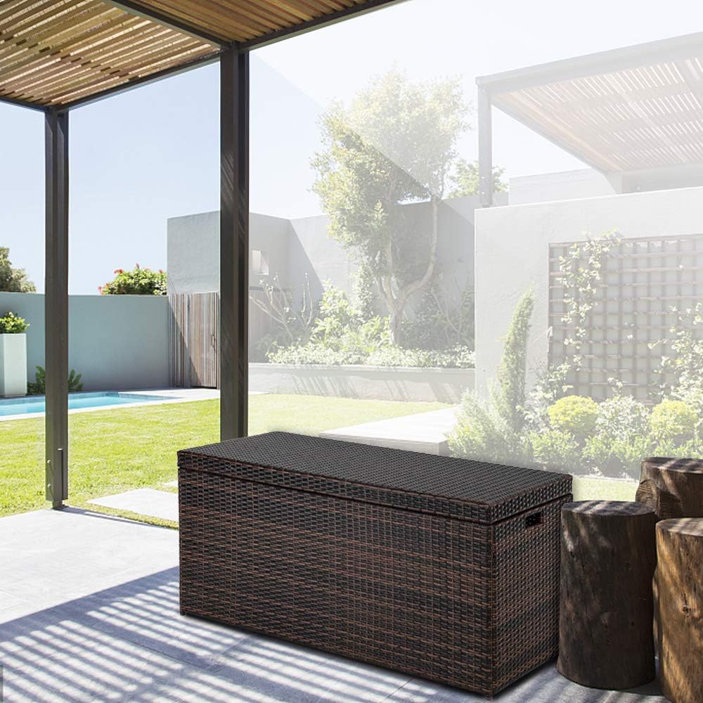 132Gallon Deck Storage Box, Deck Box Outdoor Storage Box Indoor Wicker Storage Bin Patio Storage Box for Patio Furniture Cushions Toys Garden Tools Pool Accessories (Brown)
