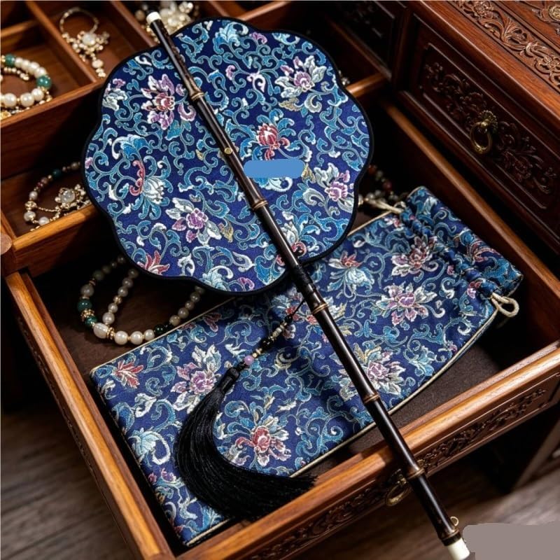 Foldable Long Handle Chinese Palace Fan Vintage Brocade Embroidery Round with Tassel Traditional