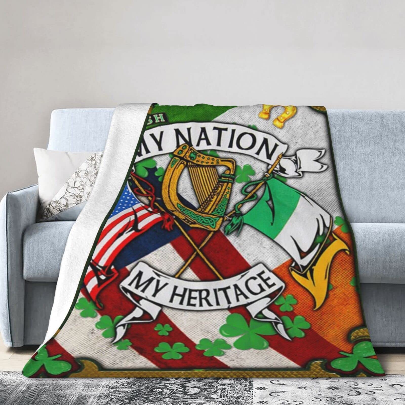 Lsjuee Flannel Fleece Blanket 50"X40" Irish Happy Saint Patrick‘s Day My Nation My Heritage Bed Throw Blanket Lightweight Ultra-Soft Travel Spring Blankets for Womens Keep Warm