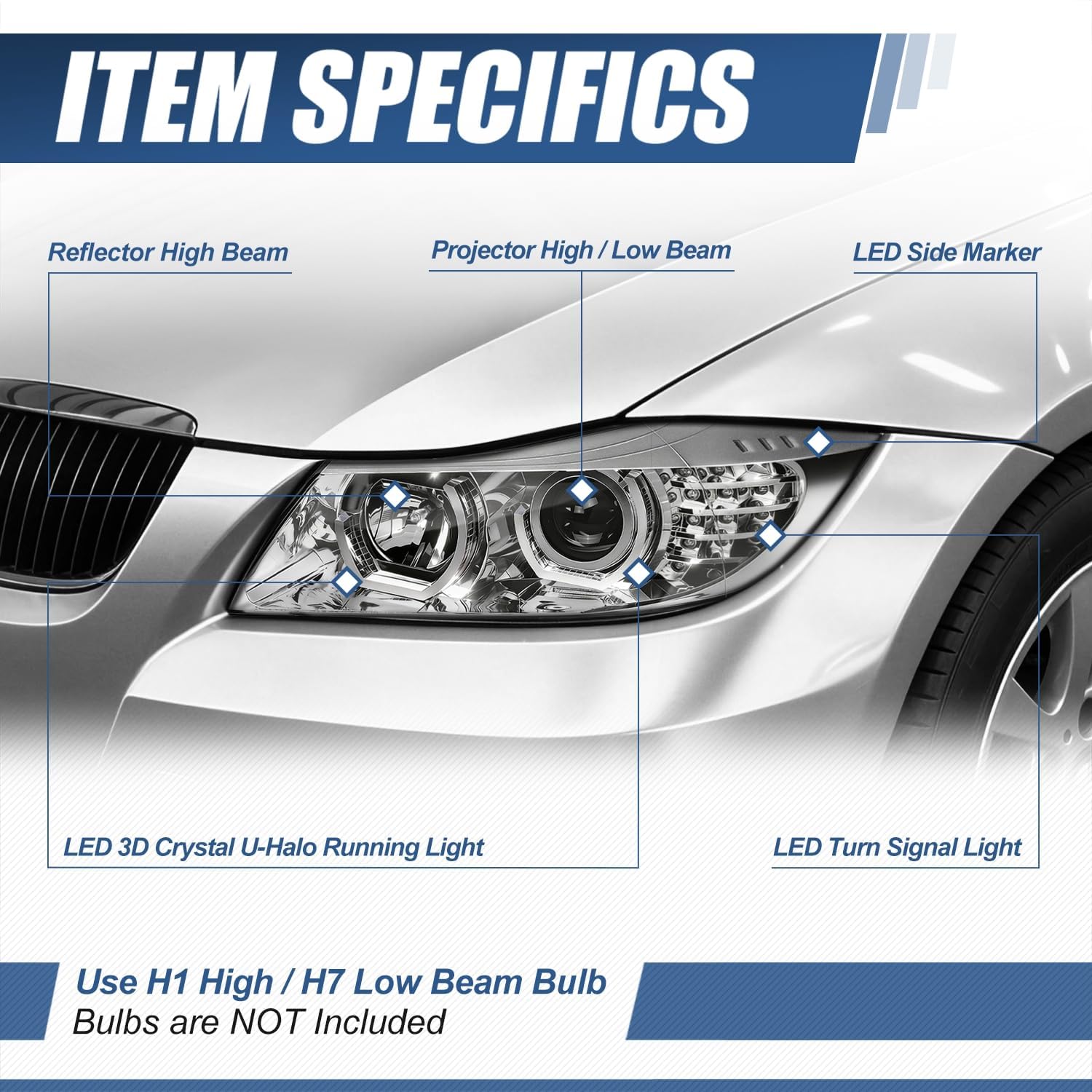 Auto Dynasty LED Halo Headlights Assembly Compatible with 2005-2008 BMW 325i 330i 4-Dr Sedan, Left and Right Side, 3D Crystal Gray Trim U-Halo, Projector Low Beam, LED Turn Signal, Chrome Housing