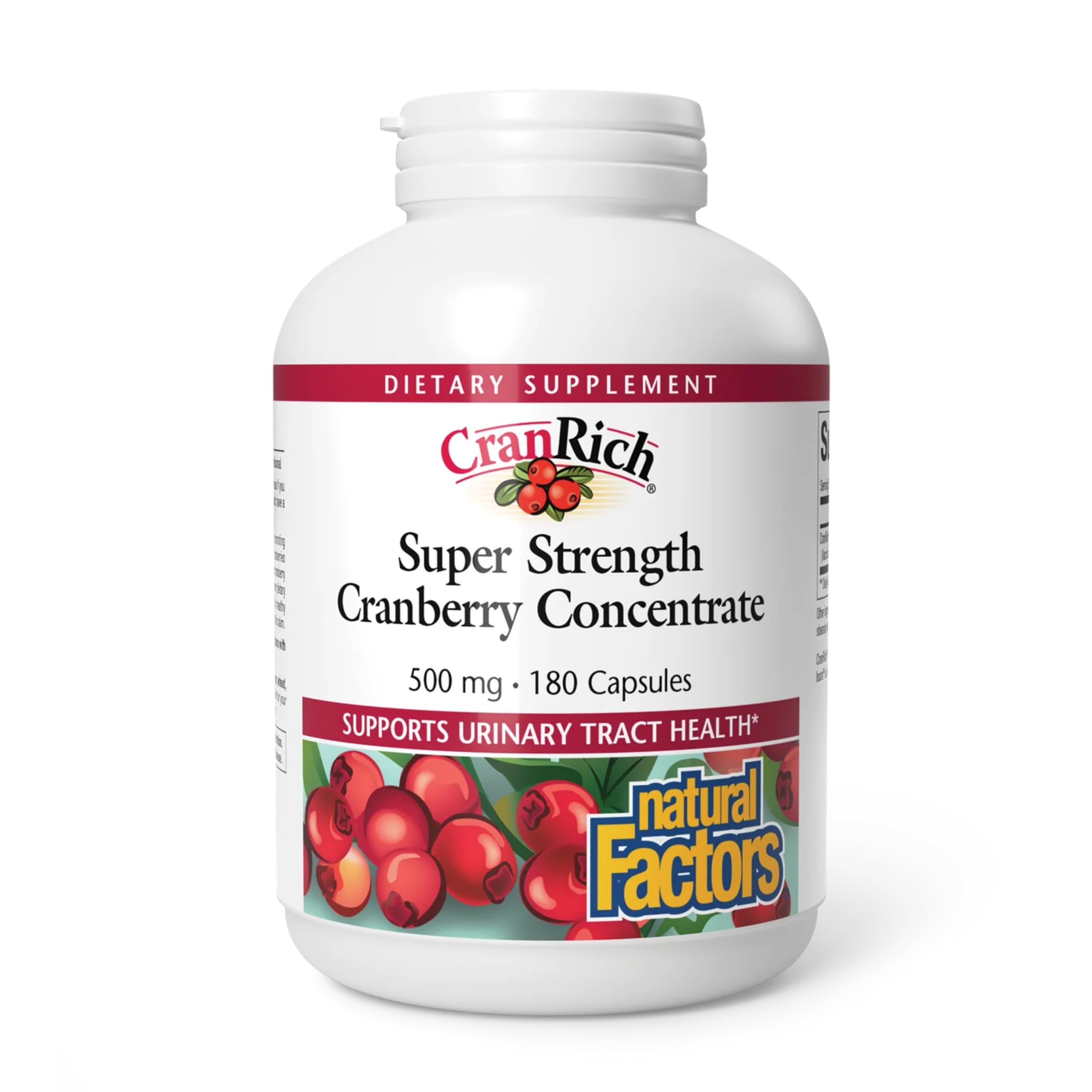 Natural Factors CranRich, Super Strength 36:1 Cranberry Concentrate, 500 mg, Sugar-Free Whole Fruit Cranberry Pills for Urinary Tract Health, 180 Capsules