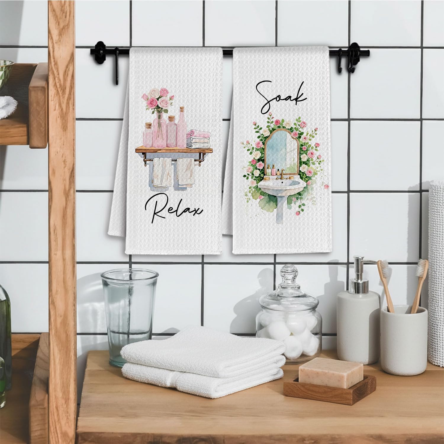 Pink and White Rose Decor Bathroom Hand Towels, Rustic Rose Flower Botanical Breathe Unwind Soak Relax Decorative Hand Towel for Bathroom Washroom Spa Gym, 16x24 Inch Set of 4 - Image 2