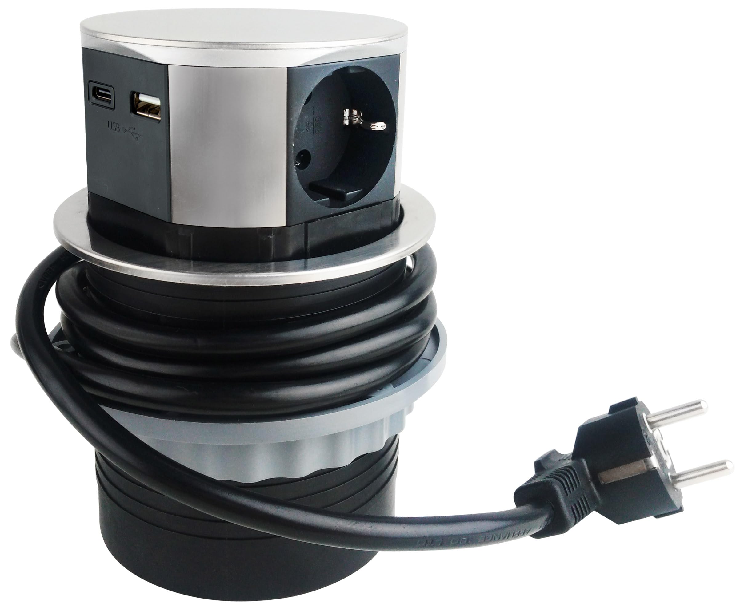 ChiliTec Wysuwane gniazdo wtykowe do zabudowy, 3 x USB-A, USB-C, ze stali nierdzewnej, z kablem 150 cm, 230 V, do kuchni, na biurko, blat roboczy