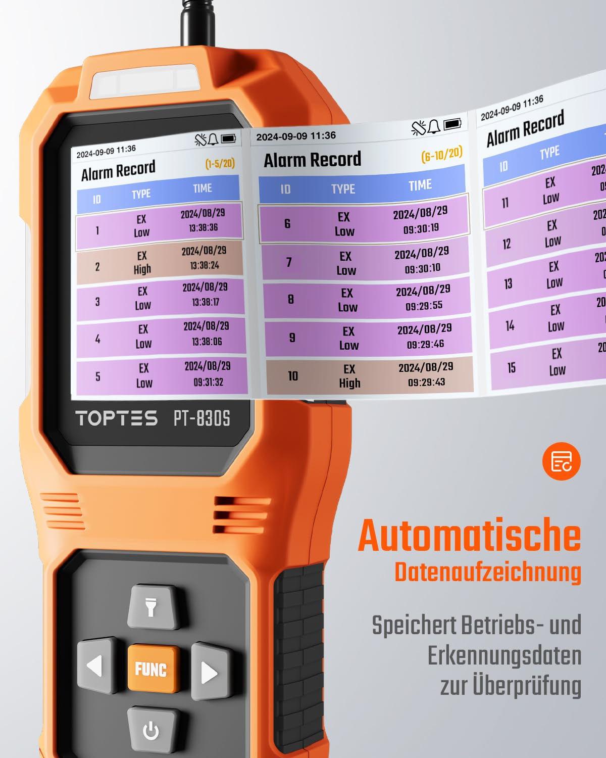 TopTes PT-830S Wiederaufladbarer Gasmelder mit 36,8cm Sonde, Bereich 0-10000 ppm, TFT-Farbdisplay mit 3 Alarmtypen, Hohe Empfindlichkeit gaslecksuchgerät für Propan, Methan für Haushalt oder Industrie