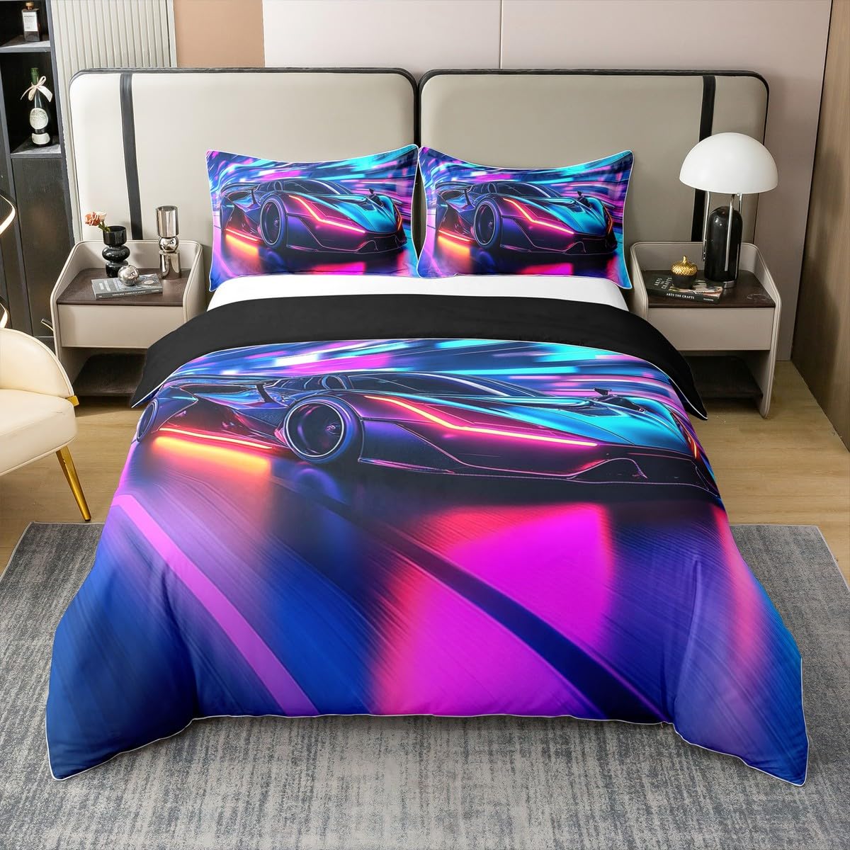 Extreme Car 100% bawełniana poszewka na kołdrę dla dzieci, nastolatków, dorosłych, zestaw pościeli do samochodu wyścigowego, niebiesko-fioletowy neonowy zestaw pościeli, fajna sportowa poszewka na
