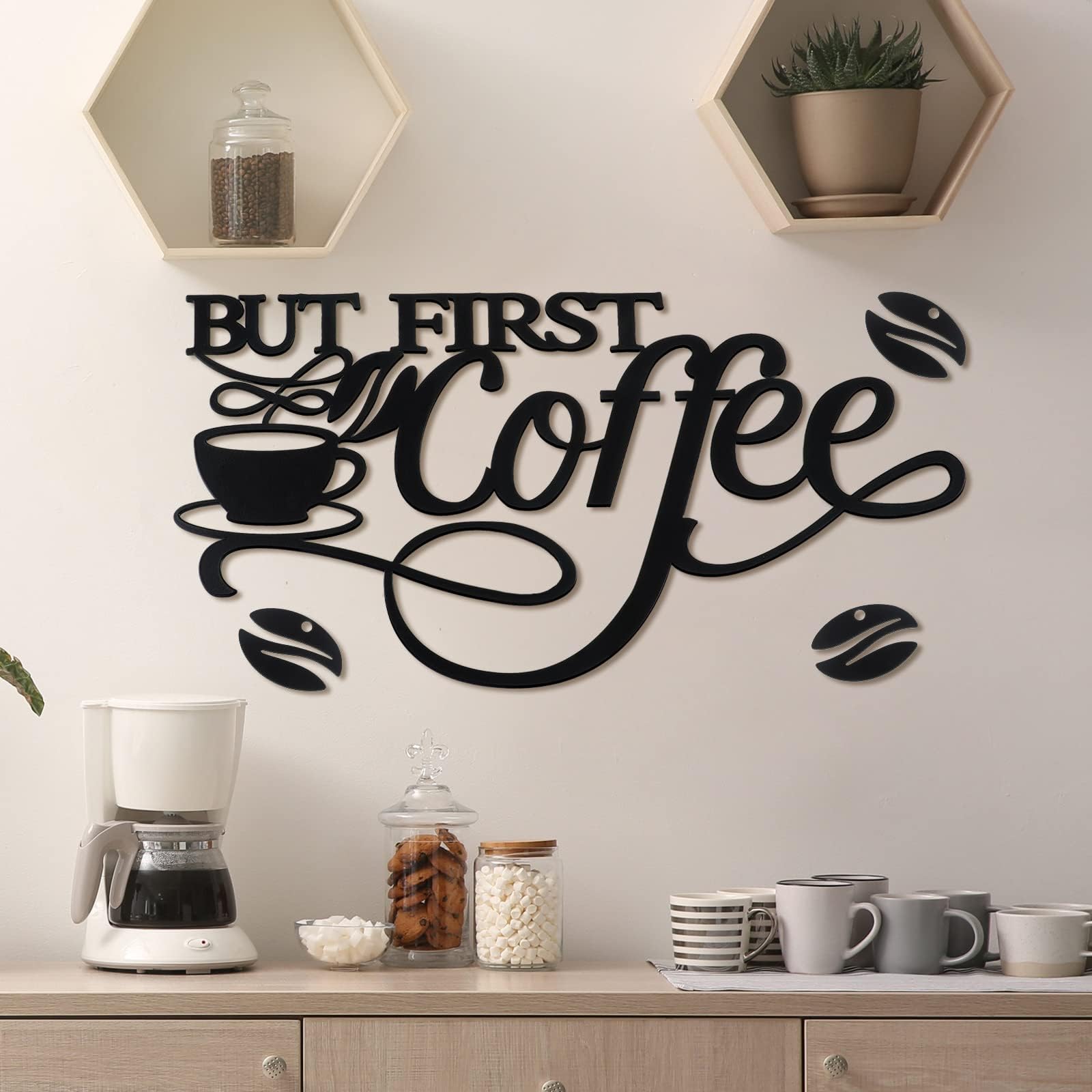 Metal Coffee Bar Sign Rustic Hanging Coffee Wall Decor for Coffee Bar Metal Wall Art for Home Office Kitchen(But First Coffee)
