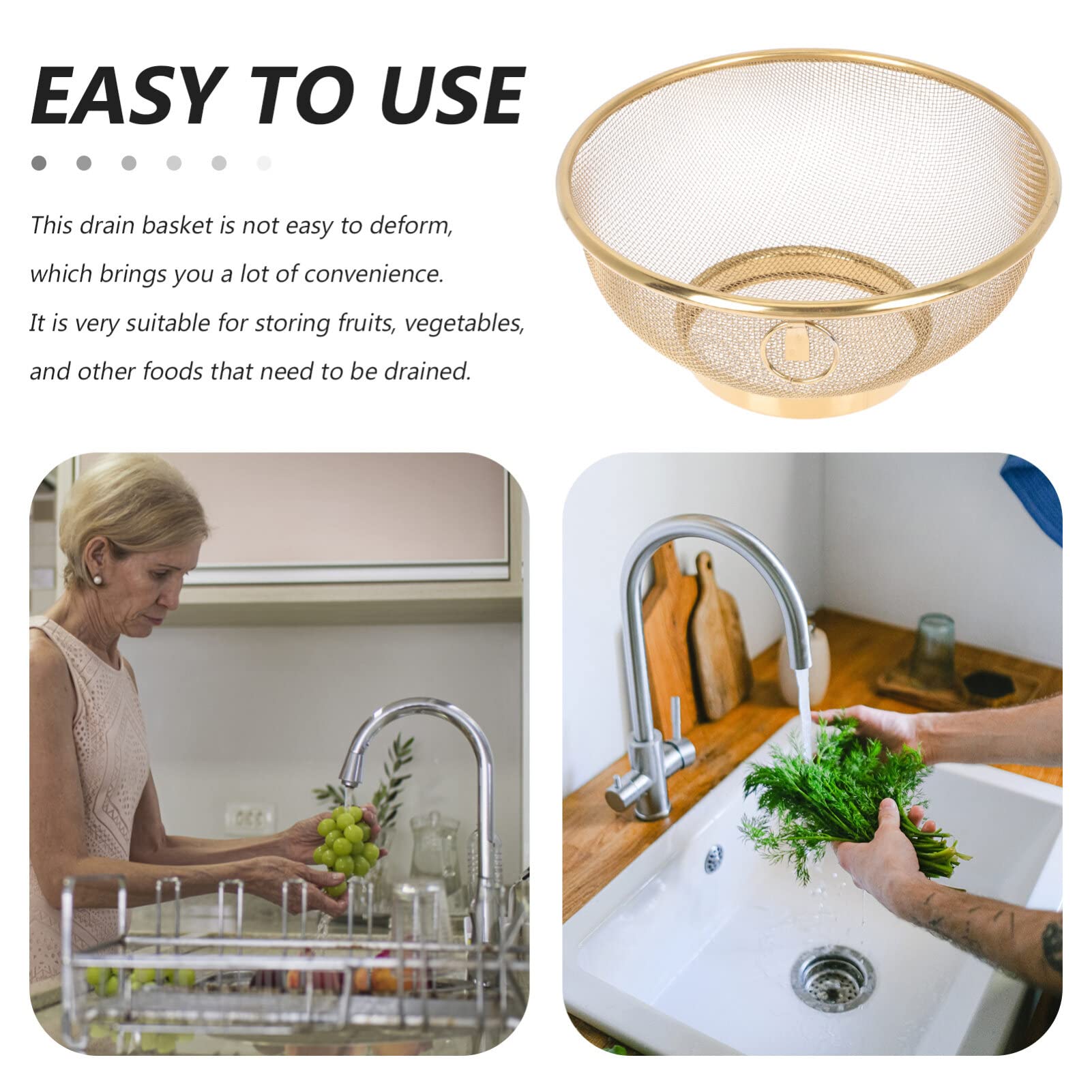 Colino a Rete in Acciaio Inossidabile Color Oro da 20 cm con Ganci per Appendere Riso, Pasta, Verdure e Frutta