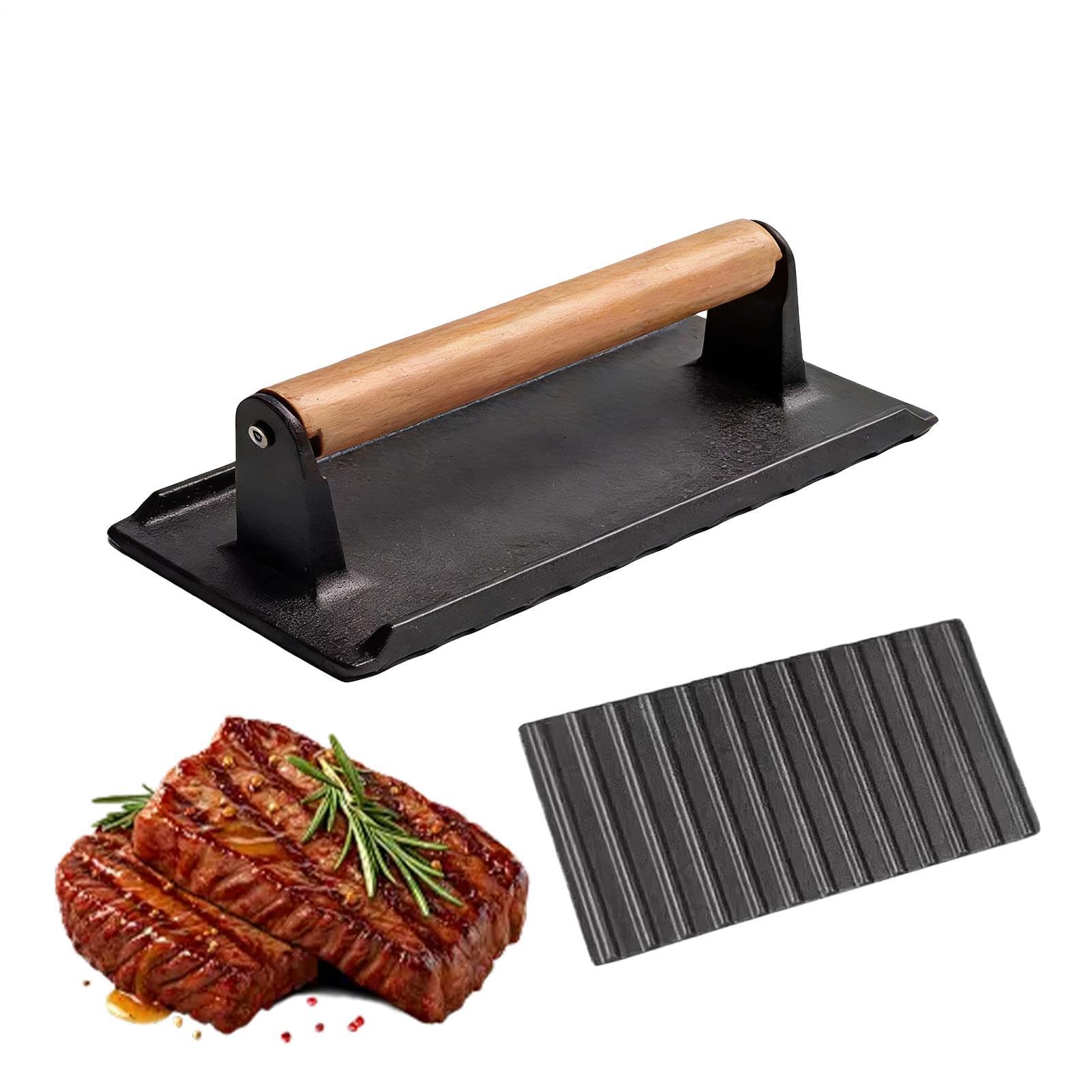 Prensa de Bacon con Mango de Madera de Hierro para Cocina | Prensa de Carne de Bistec para Barbacoa Exterior para Plancha Barbacoa Exterior Camping Cocina Hogar Restaurante