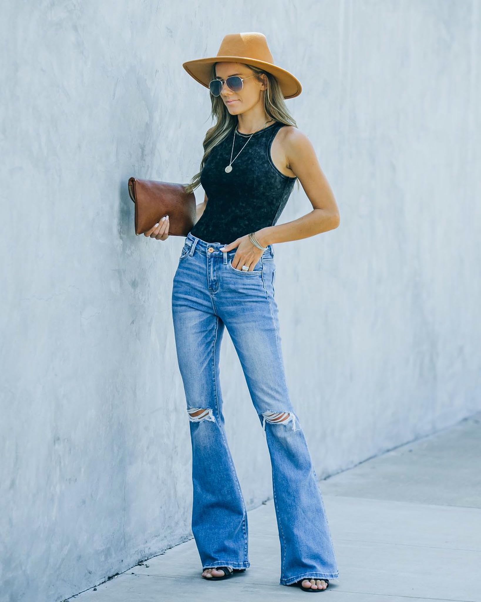 Jeans da Donna Svasati Strappati alla Moda, in Ad Alta Elastica E Estiva-Blu-XXL