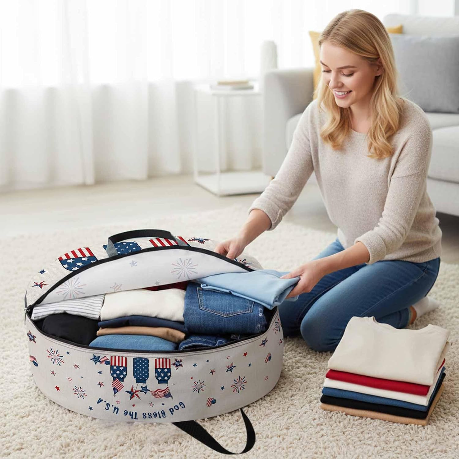 Independence Day Round Storage Bag 36 Inch, American Flag Patriotic Pentagram Linen Clothes Storage Container with Handles Heavy Duty Organizer for Comforter, Bedding & Holiday Wreaths