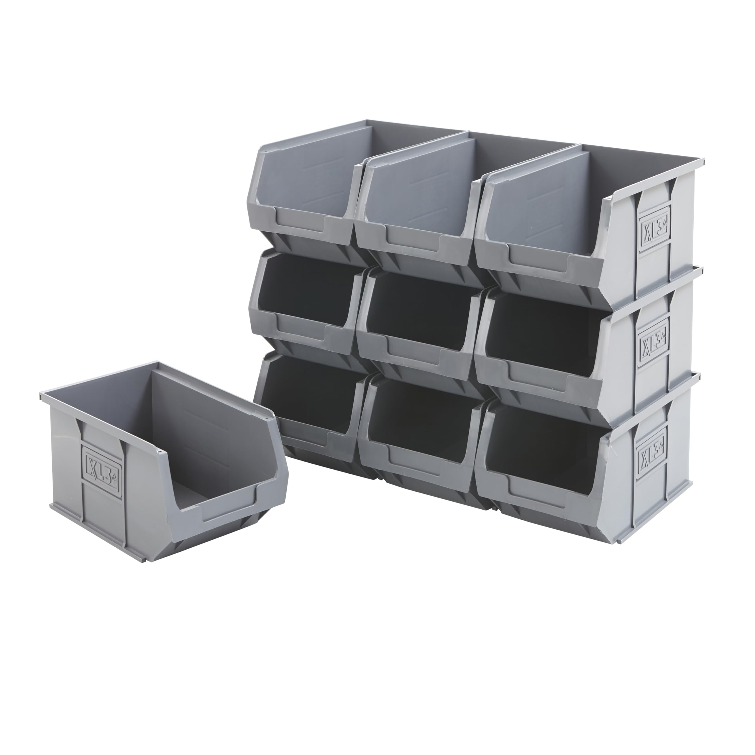 BiGDUG Plastic Parts Bins - Stackable or Wall Mounted Storage Boxes Garage Organiser - Pack of 10 - 125H x 150W x 240D mm - Grey