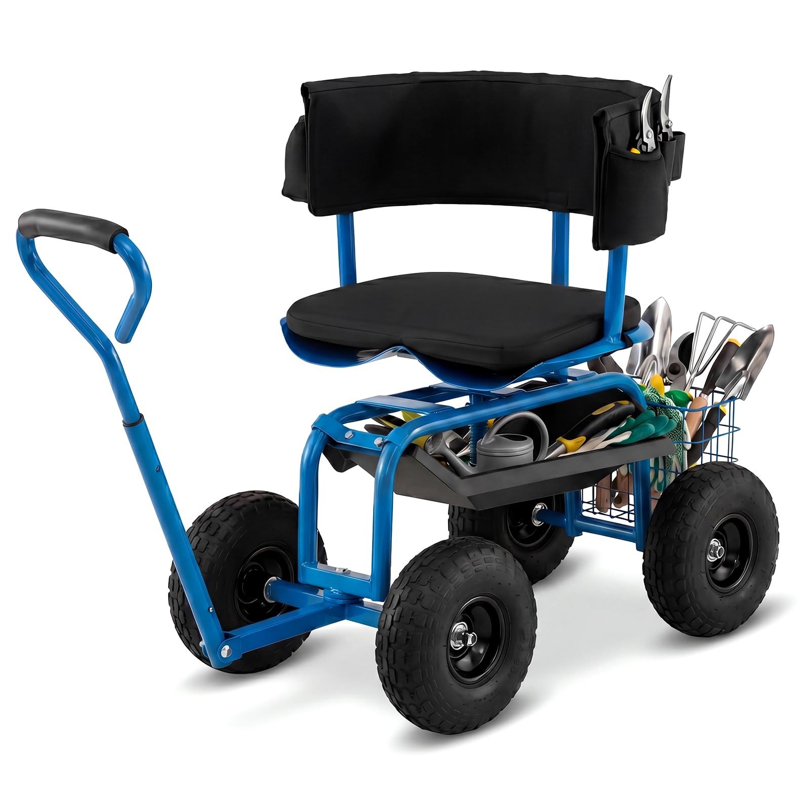 COSTWAY Carrello da Giardino, Sgabello con Ruote Girevole a 360°, Cuscino Imbottito, Schienale, Cestino, Tasca e Vassoio Porta Attrezzi, Carriola da Giardino e Cortile, 96 x 46 x 78-87 cm (Blu)