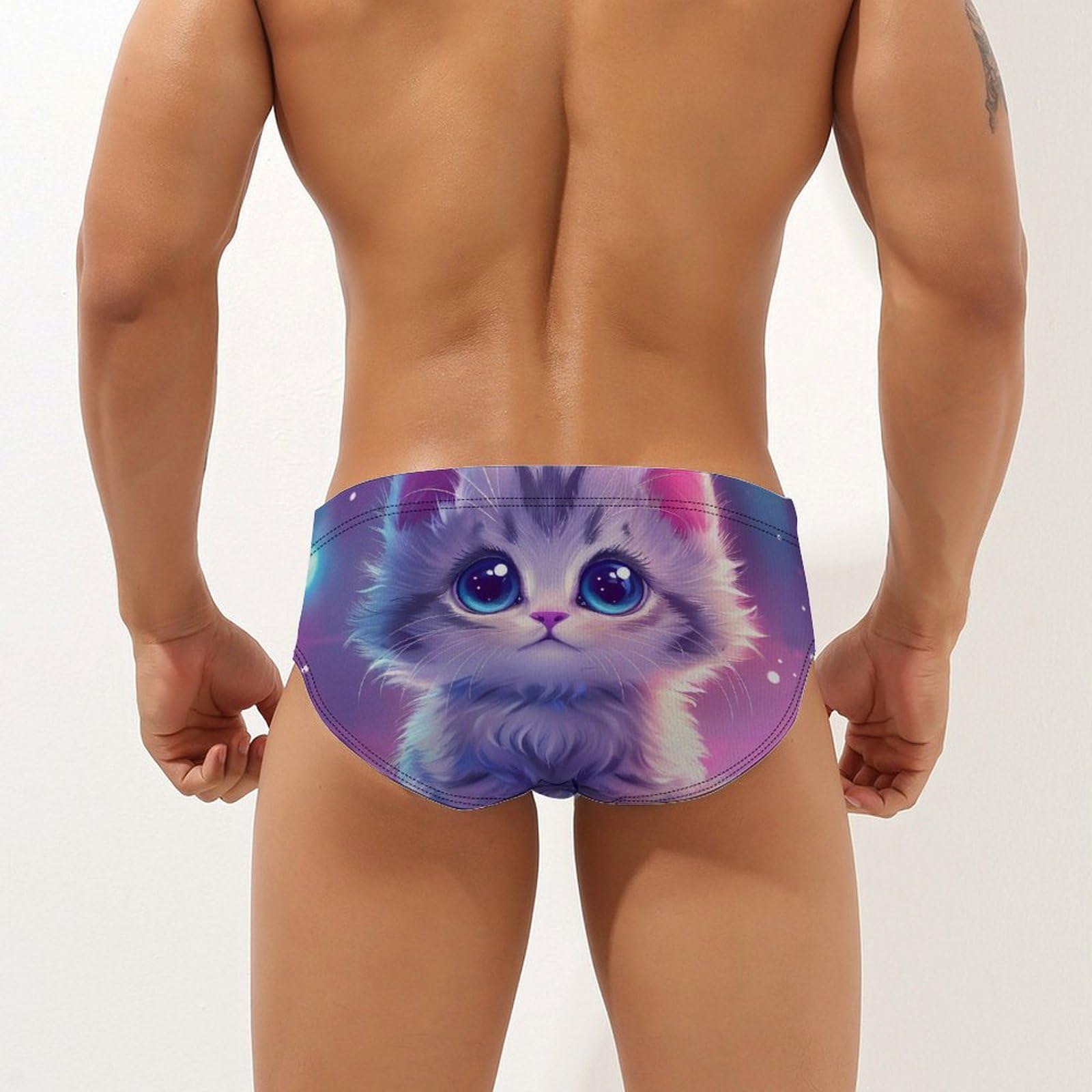 Cute Cat Mens Swim Briefs Bikini Swimwear Print Beach Shorts Sexy Swimsuit M