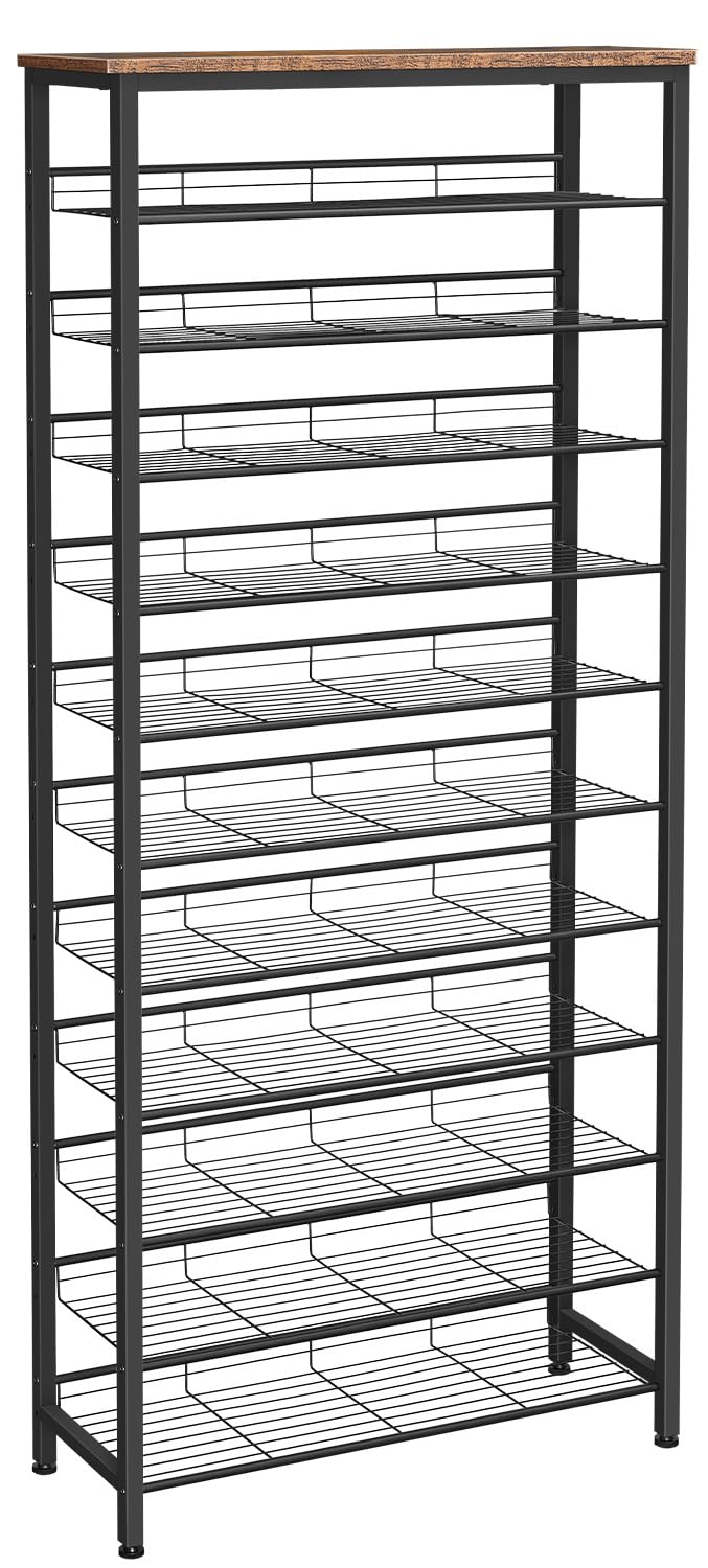 HOOBRO Shoe Rack Tall, Large Capacity Shoe Storage Organizer, 12-Tier Shoe Rack for 44-55 Pairs of Shoes, 75 x 28.5 x 194.5cm, Adjustable Metal Shelves, Shoe Storage Unit, Rustic Brown EBF51XJ01
