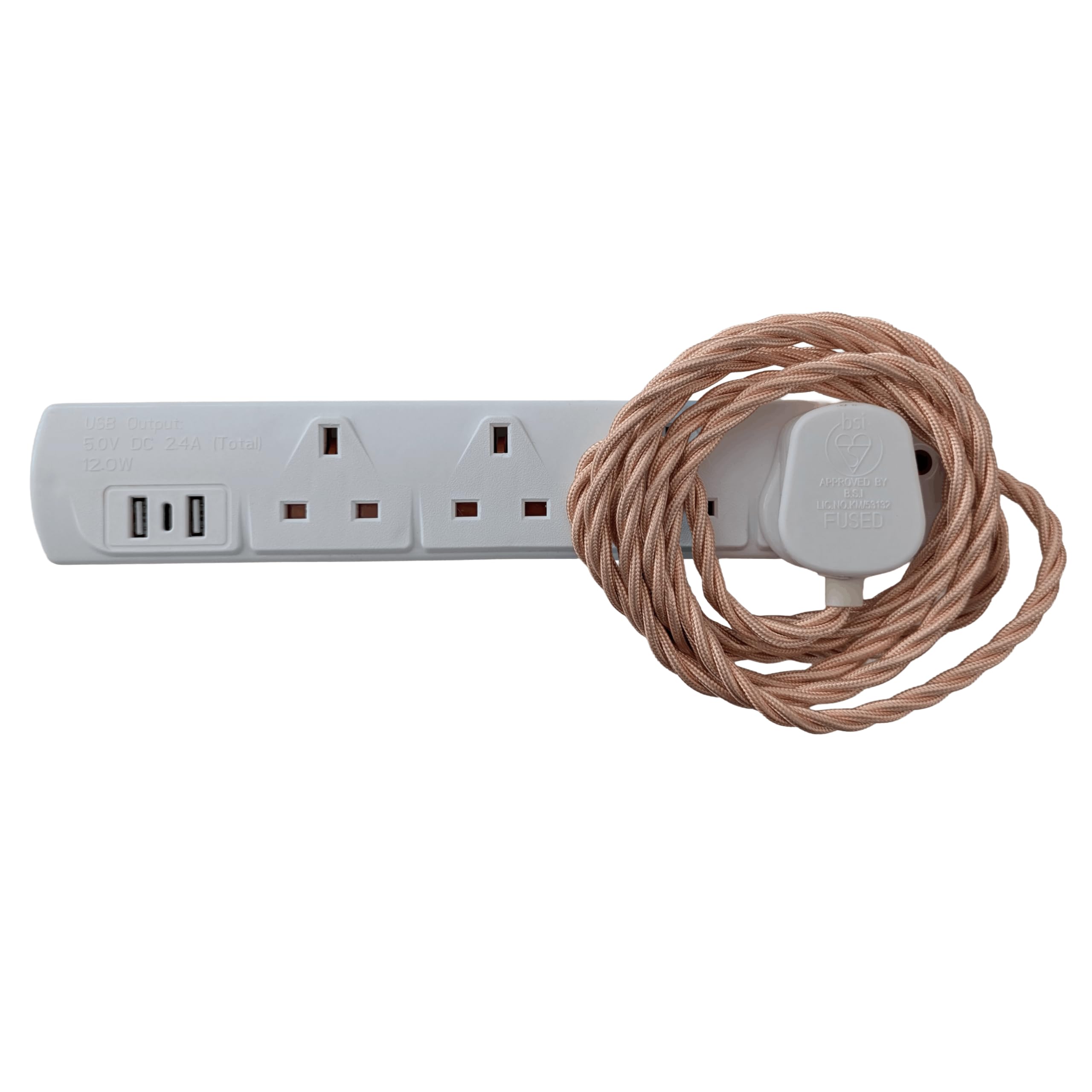 Vintage Electric Extension Leads, 13 amp rated Power Strips with 4 Way Outlets, 4 Socket Extension Cable with 2M Braided Fabric Twisted Cord for Home Office (Rose Gold (White Plug))