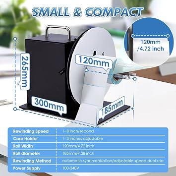 Automatic Label Rewinder Speed-Adjustable Label Rewinding Machine, Synchronized with Printer, Adjustable Core Holder 1- 3, Label Width 120mm/4.72 inch,Roll Diameter 185mm/7.28