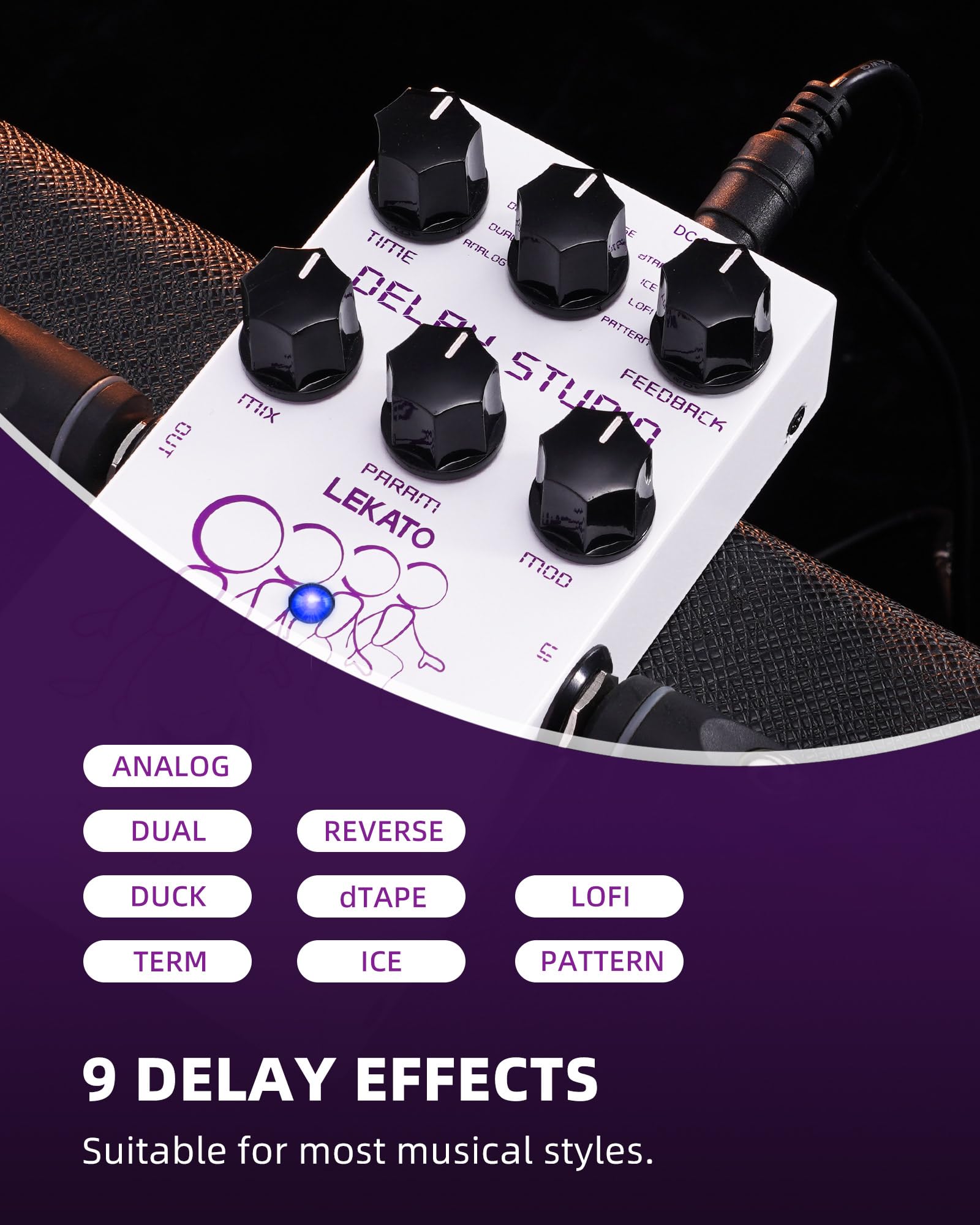 LEKATO Pedale di ritardo,Pedale effetti per chitarra con 9 effetti di ritardo,Pedale per chitarra digitale Tempo Freeze