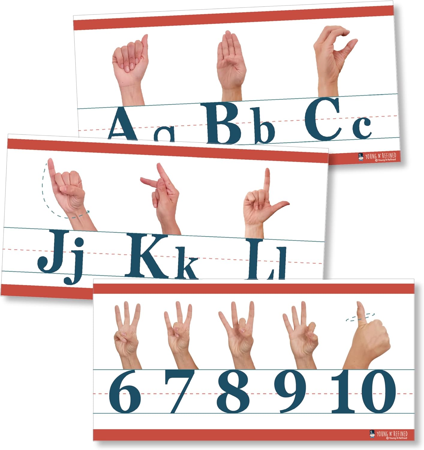 American Sign Language ABC and counting to 10 Alphabet strip LAMINATED (9"x150") US MADE | Young N Refined
