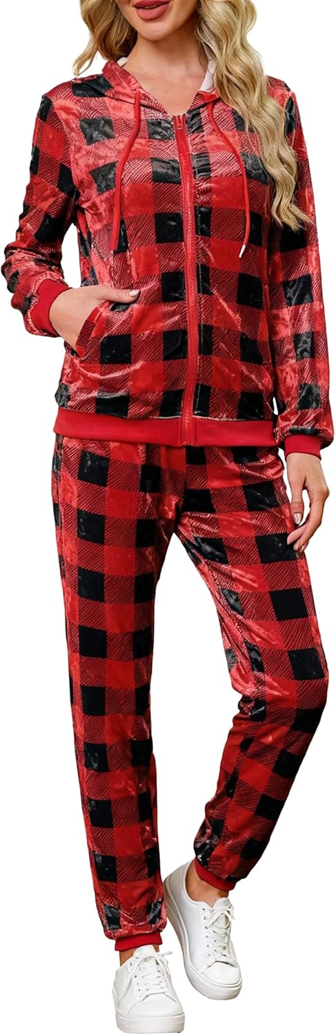 Womens 2 Piece Sweatsuits Set Velvet Long Sleeve Zip Up Track Suits Jogging Suit