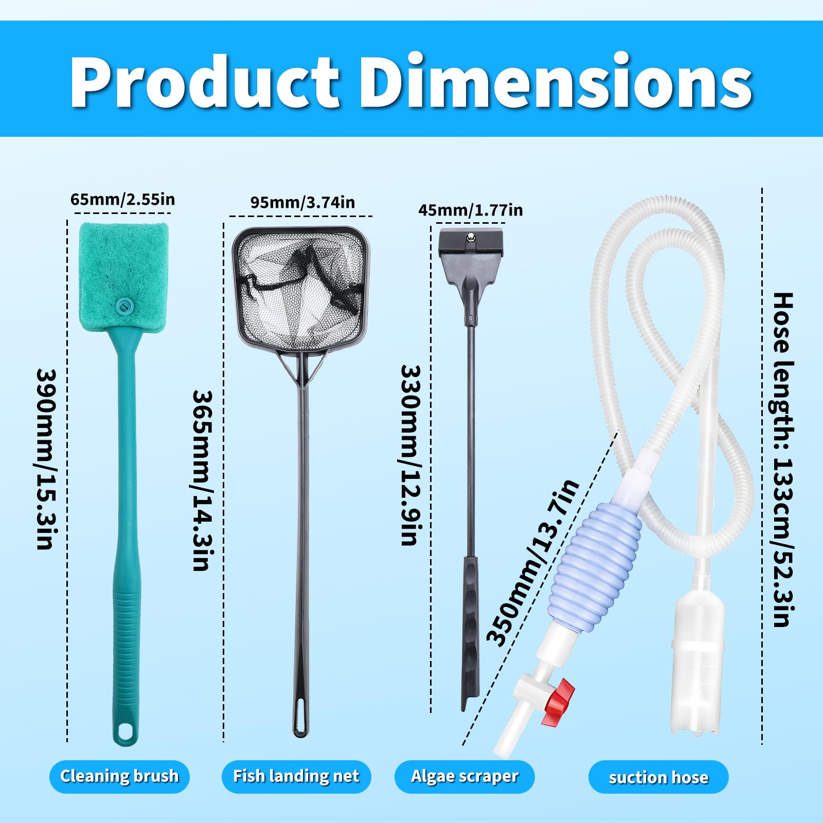 Mulmsauger Aquarium Handpumpe Mulmglocke Kies Reinigungsset Sauger Wasserwechsel, Aquarium sauger bodengrund reinigen Zubehör Enthält Algenputzer, Teichsauger, Kescher klein, Algenbürste
