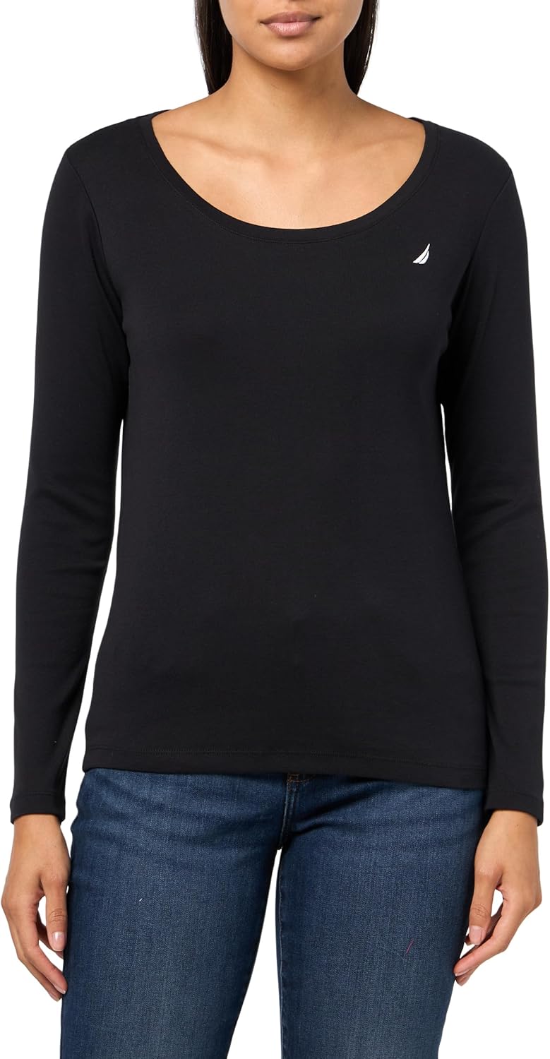 Nautica Womens Long Sleeve Solid Scoop Neck Cotton T-Shirt