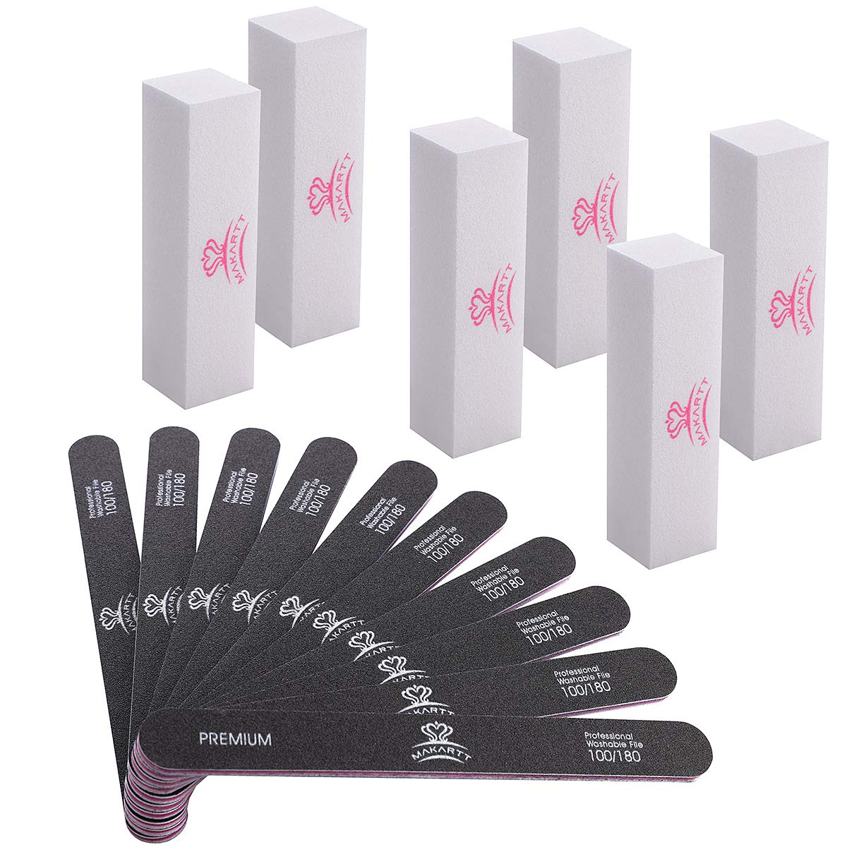 Makartt Nail Files 10pcs 100 180 Grit and Nail Buffer Block 6pcs for Poly Nail ExtensionGel Strong Washable Nail File Set F-09