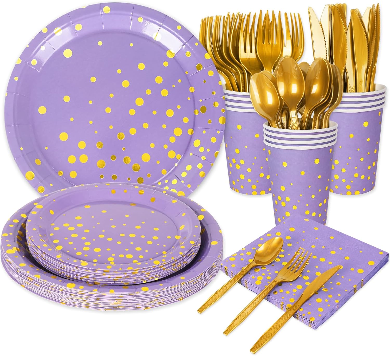Whaline 175Pcs Lavender Party Supplies Foil Gold Dots Paper Tableware Plate Napkin Cup Purple Disposable Dinnerware Set for Graduation Congrats Grad Wedding Birthday Party Table Decor, Serve 25 Guests