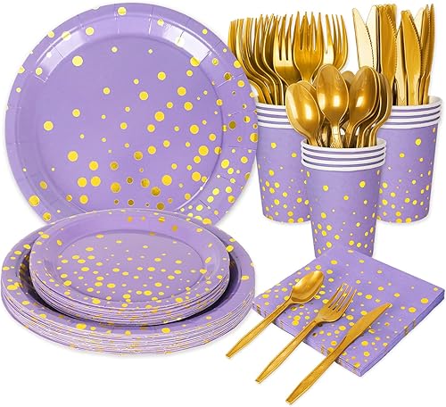 Miniatura 8 de Whaline Juego de 175 platos de color verde salvia, tazas y servilletas, suministros para fiesta, color verde salvia y puntos dorados, juegos de