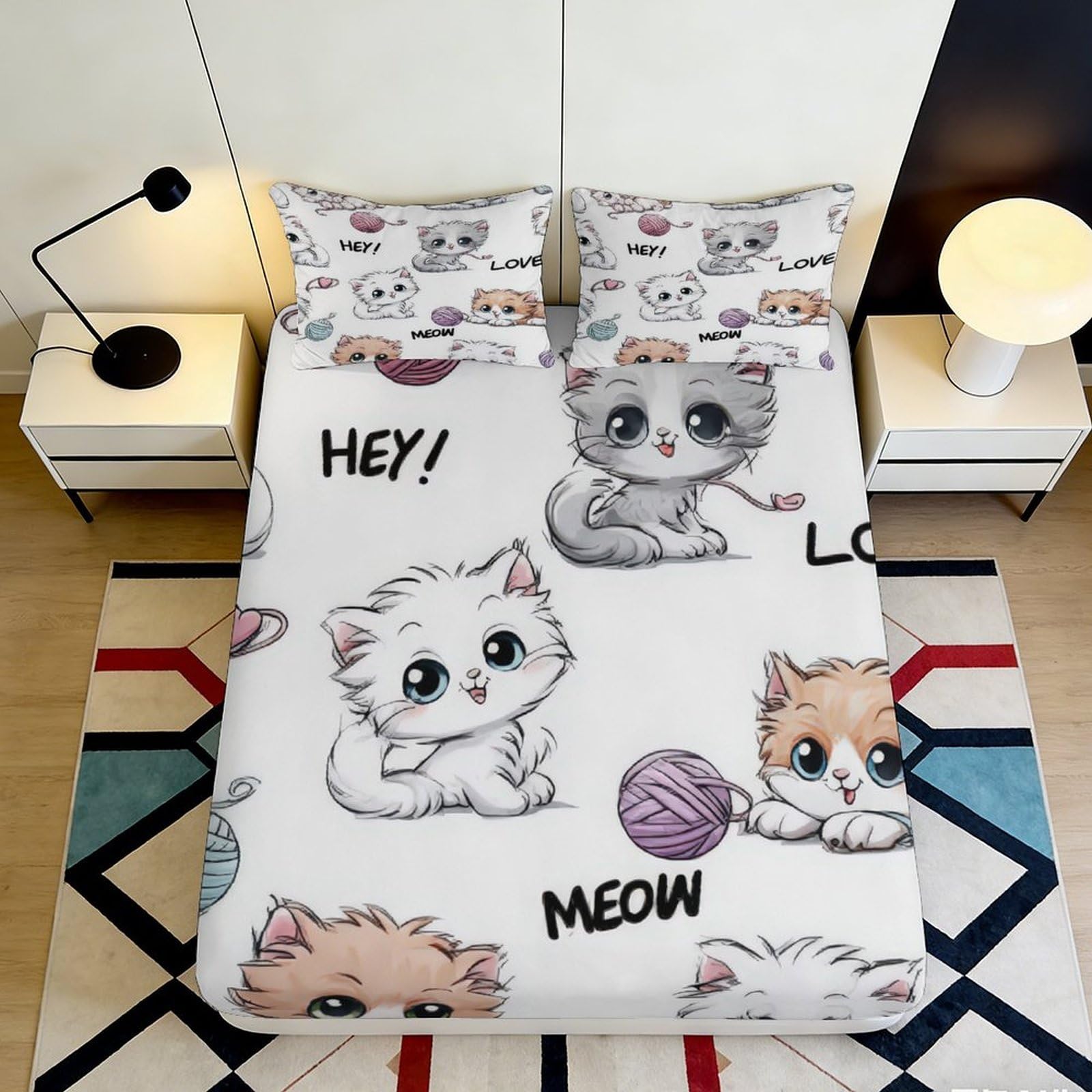 Pnayamiorkfel Style-1 3D Printed Cute Cat Fitted Sheet Microfiber Soft Cartoon Kitten Bed Cover Anti-Slip Machine Washable For Bedroom Dorm Decor 90X200x25cm