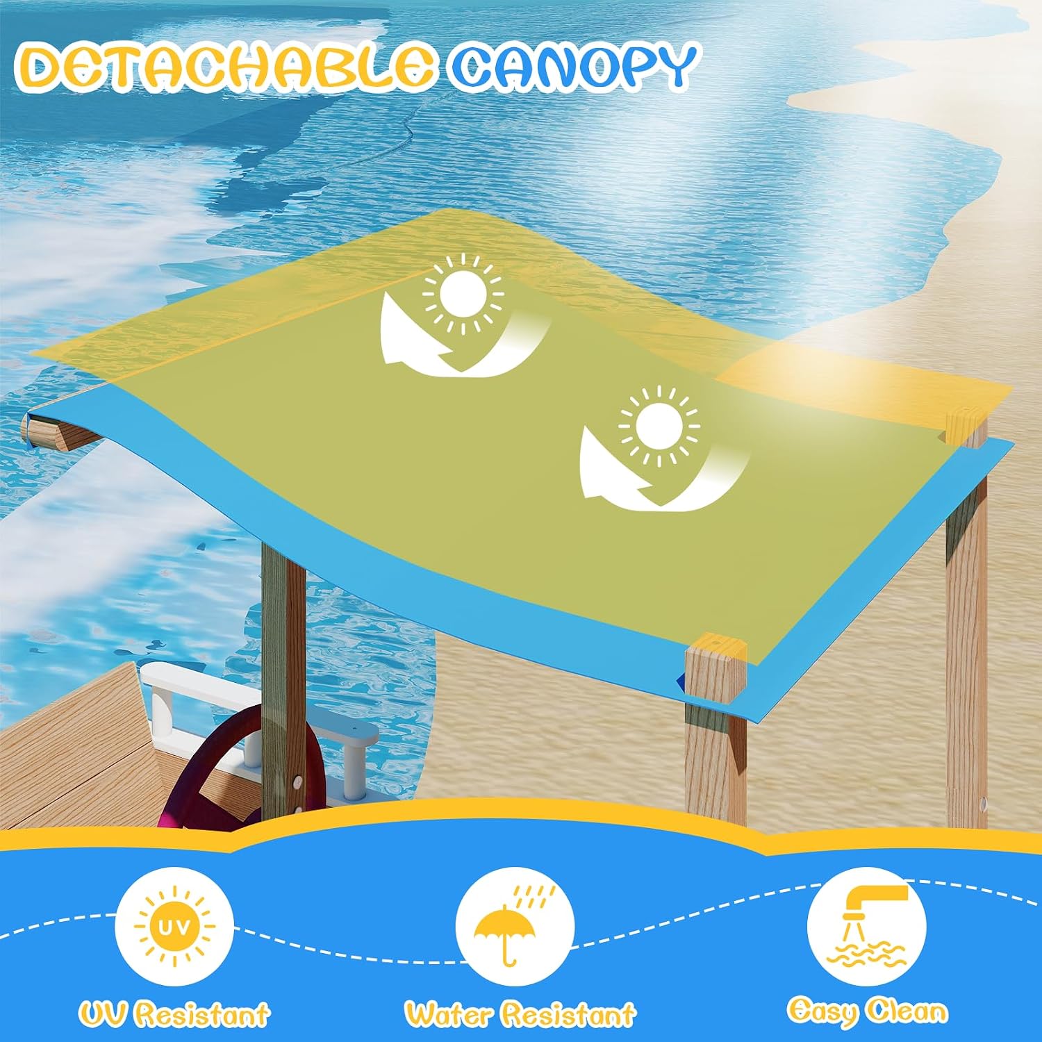 PetsCosset Kids Wooden Sandbox with Canopy, Pirate Ship Sandbox with Lid Outdoor with Steering Wheel, Built-in Seats & Storage, Bottomless Design with Liner, UV-Resistant Roof, Gift for Ages 2-8