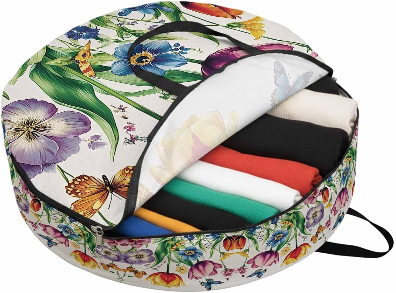 Butterfly Tulips Round Storage Bag 36 Inch, Spring Flower Plant Pastoral Vintage Clothes Storage Container with Handles Heavy Duty Organizer for Comforter, Bedding & Holiday Wreaths
