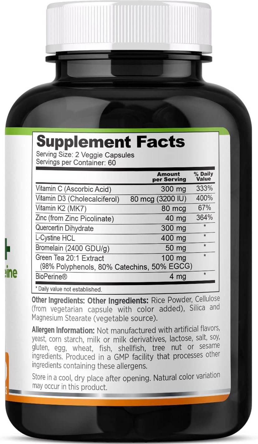Sun Nutritionals Zinc Defense+ with Quercetin, Bromelain, L-Cysteine, EGCG (Green Tea Extract), Vitamins C, D3 & K2, 2-Month Supply, 120 VCaps, Non-GMO, Gluten Free